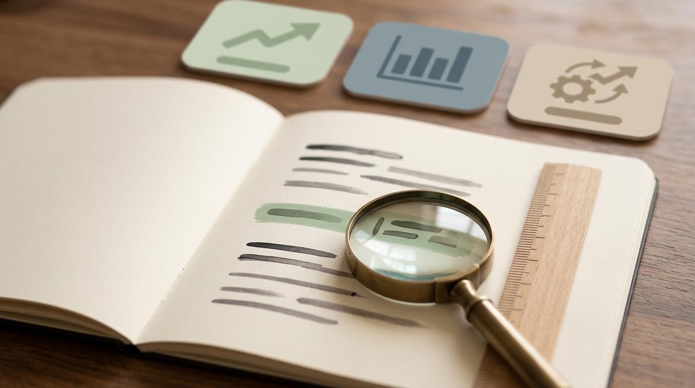 Offenes Notizbuch mit Lupe und hervorgehobener Zeile als Symbol für das Lesen von Finanzkennzahlen