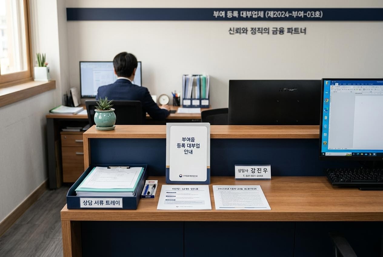 부여읍 사무실의 상담 데스크와 안내 자료