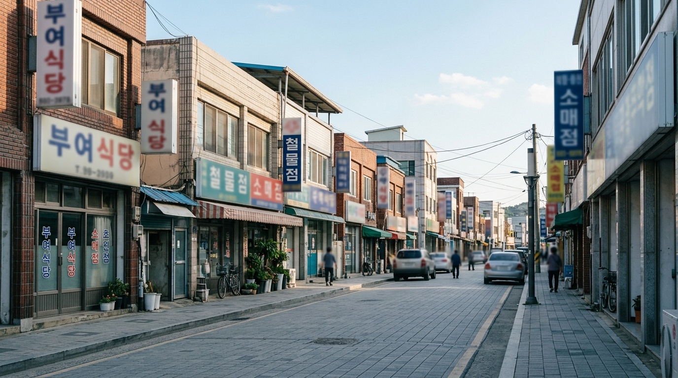 부여읍 사비로 인근의 차분한 거리 전경