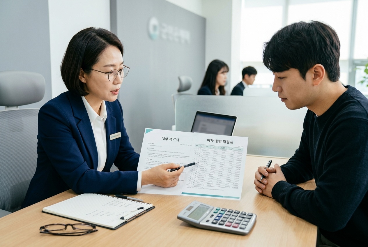 상담원이 대출 계약서와 상환 일정표를 짚어 주는 모습